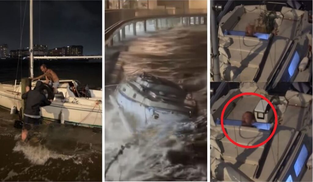 El barco del Teniente Dan en la costa, resistiendo los estragos del Huracán Milton